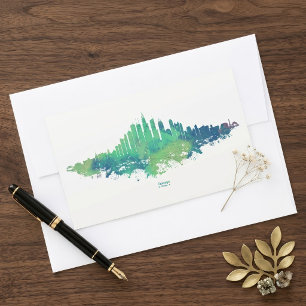 Adesivo Retangular Aquarela da Silhueta de Chicago Azul Verde Arte Ur