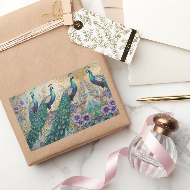 Adesivo Retangular Aquarela floral de peacock (Presentear)