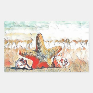 Adesivo Retangular Aquarela Moderna de Conchas de Laranja na Praia