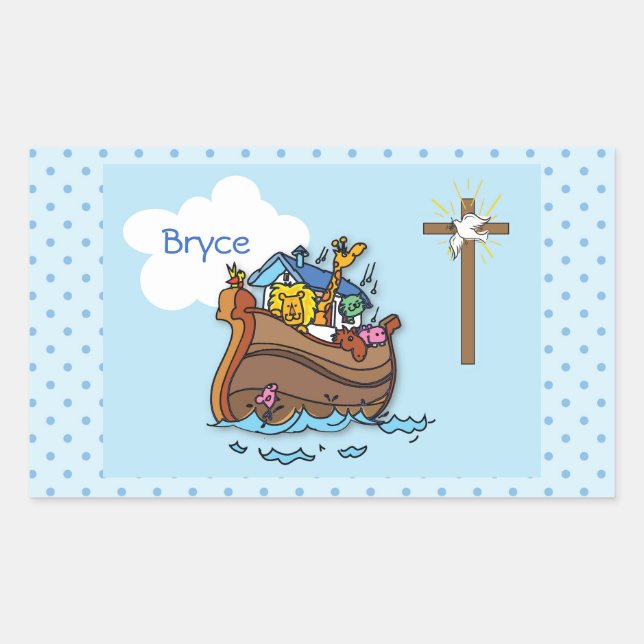 Adesivo Retangular Arca de Noé personalizável para Batismo de Bebê, M (Frente)