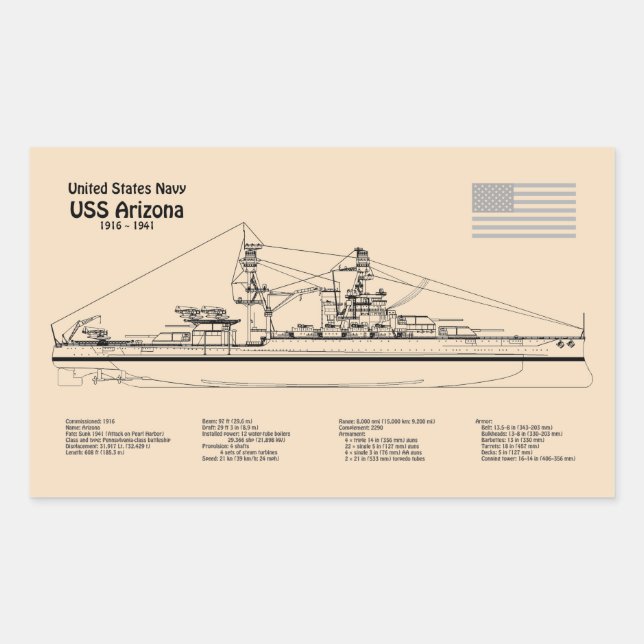 Adesivo Retangular ARIZONA USS - Enviar Planos de Impressão Blueprint (Frente)