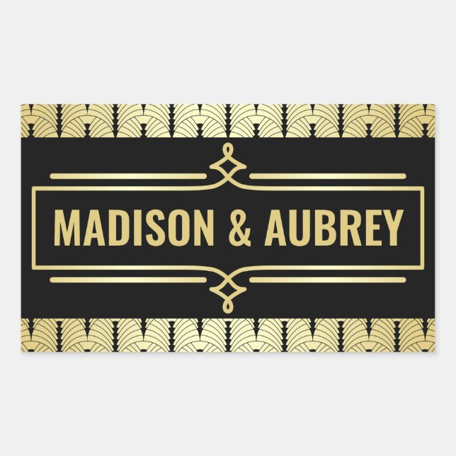 Adesivo Retangular Art Deco Casamento Favorece Seu Nome Dourado Gatsb (Frente)