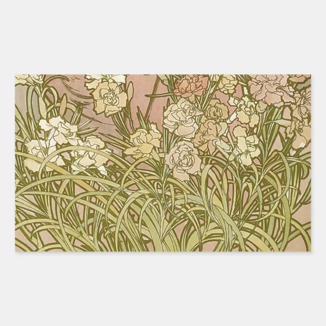 Adesivo Retangular Art Nouveau Alfonse Mucha Flores de cravo florais (Frente)