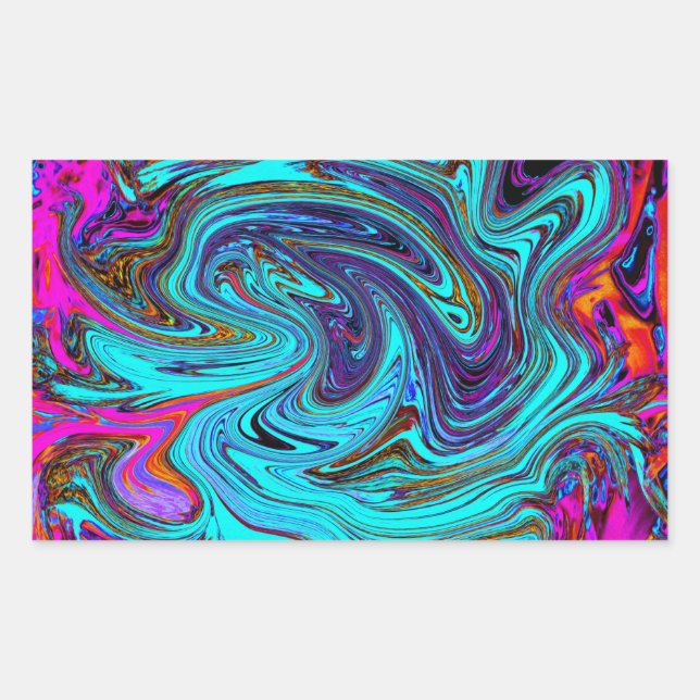 Adesivo Retangular Arte Abstrata Retro Groovy Azul Aquático e Preto (Frente)