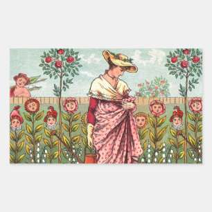 Adesivo Retangular Arte Antiga Mulher Flor Jardim Crescer
