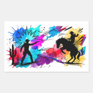 Adesivo Retangular Arte Colorida em Aquarela de Cowboys do Faroeste