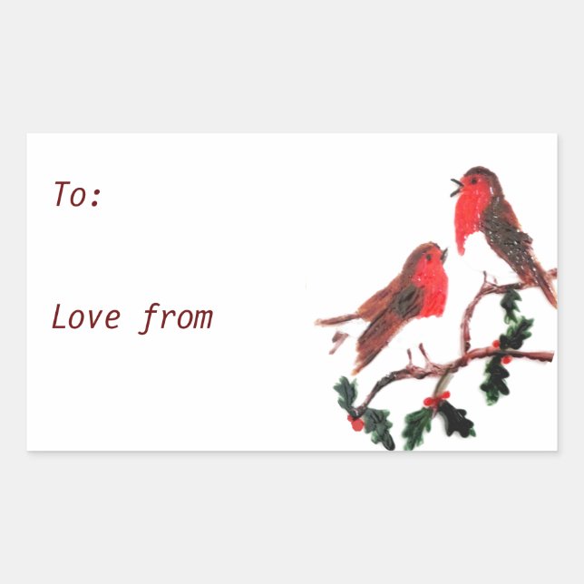 Adesivo Retangular Arte das aves festivas, Robins Holly (Frente)
