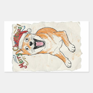 Adesivo Retangular Arte de Natal do Shiba Inu em Desenho Rústico Vint
