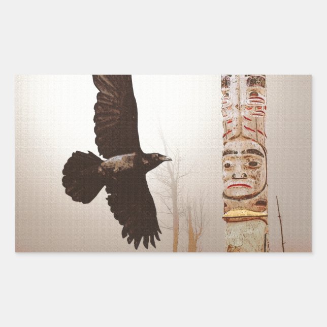 Adesivo Retangular Arte Flying Raven & Totem-Pole Fantasy (Frente)