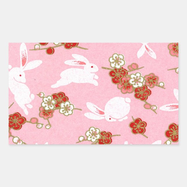 Adesivo Retangular Arte Japonesa: Sakuras e Coelhos Rosa (Frente)