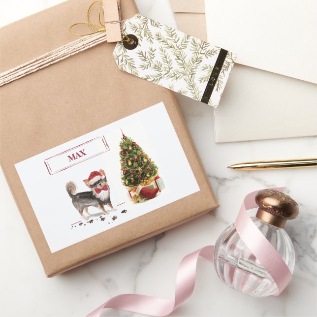 Adesivo Retangular Árvore de Cachorro de Natal Engraçado de Chihuahua (Presentear)