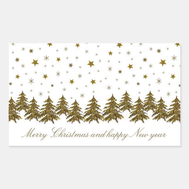 Adesivo Retangular Árvore de Natal de ouro faísca, lua, estrelas (Frente)