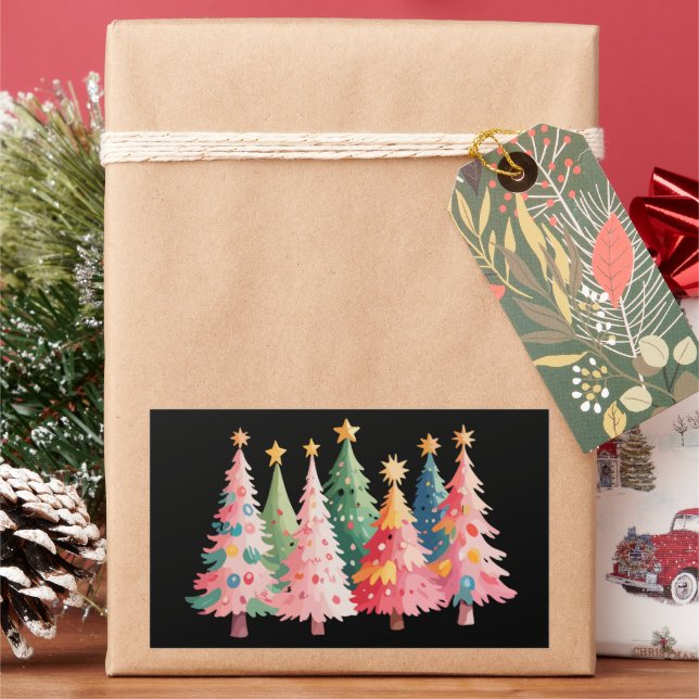 Adesivo Retangular Árvores de Natal em Aquarela Natal Fofo Rosa (Feriado)