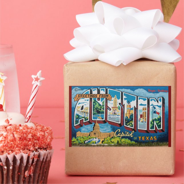 Adesivo Retangular Austin, Saudações do Texas (Festa)