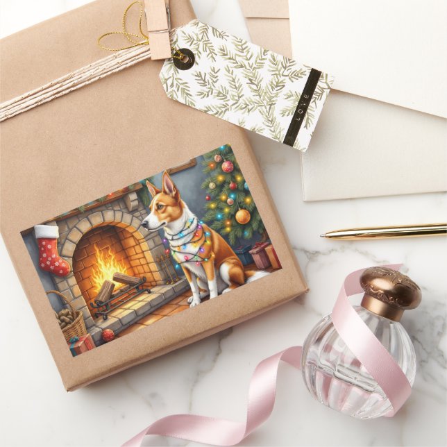 Adesivo Retangular Australian Kelpie Fireplace with Christmas Lights (Presentear)