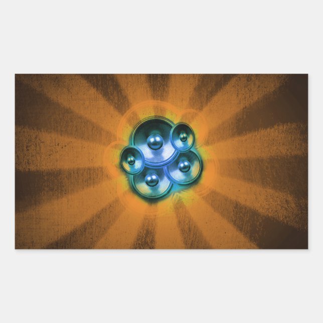 Adesivo Retangular Auto-falantes musicais e rajadas de sol laranja (Frente)