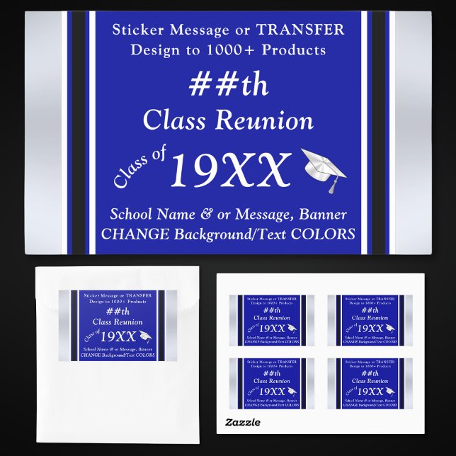 Adesivo Retangular Autocolantes de Classe, ALTERAR CORES, Reunião (Class Reunion Stickers. Class Reunion Party Supplies. Royal Blue, Black and White, Reunion Stickers.)