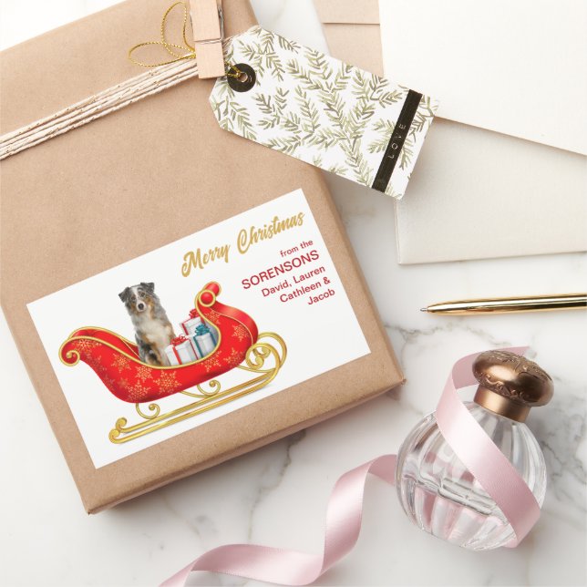 Adesivo Retangular Azul Merle australiano Shepherd Christmas Sleigh (Presentear)