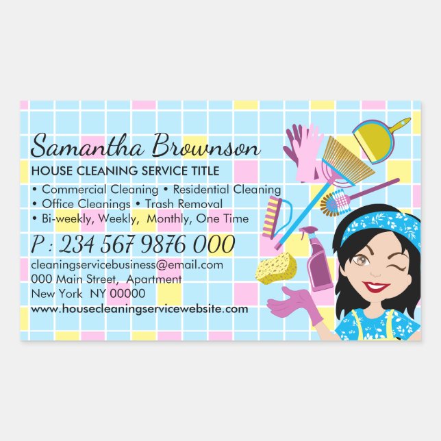 Adesivo Retangular Azulejo Amarelo Cartoon Janitorial Lady Limpeza (Frente)