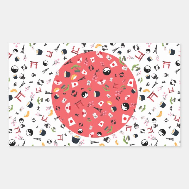 Adesivo Retangular Bandeira do Japão com ícones famosos do Japão (Frente)