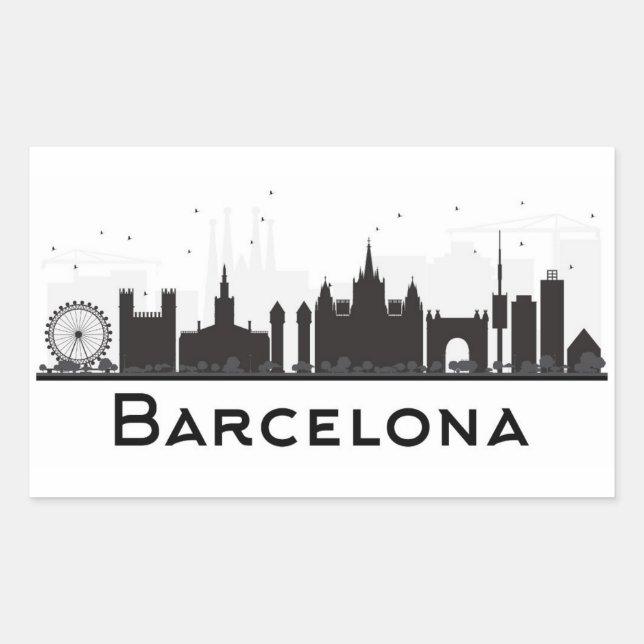 Adesivo Retangular Barcelona, Espanha | Black & White City Skyline (Frente)