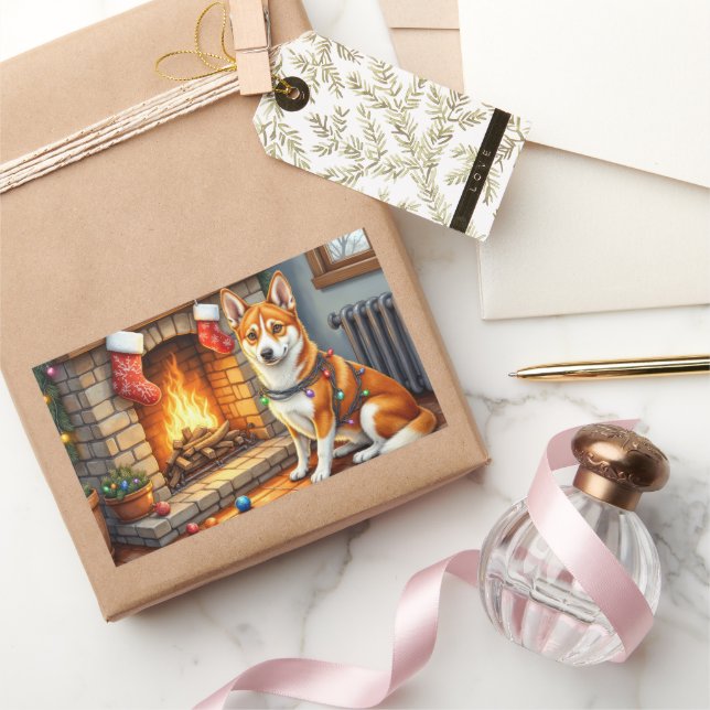 Adesivo Retangular Basenji Sitting by Fireplace with Christmas Lights (Presentear)