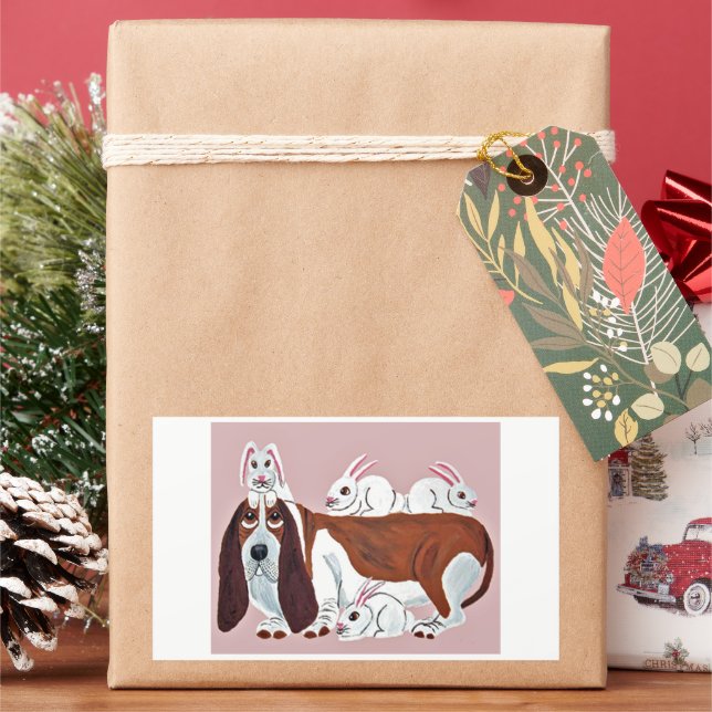 Adesivo Retangular Basset Hound feliz de Páscoa com coelhinhos  (Feriado)