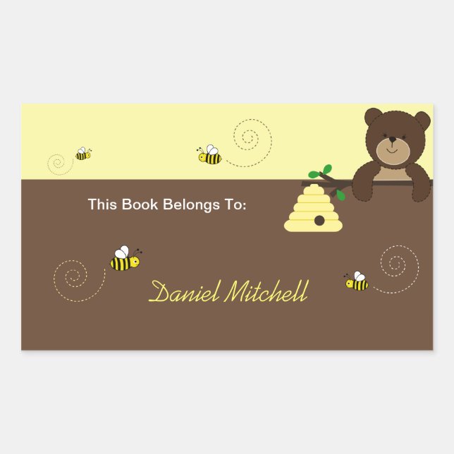 Adesivo Retangular Beary Sweet Bear & Bee Custom Book Plate Sticker (Frente)