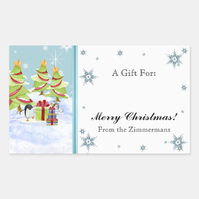 Adesivo Retangular Bebês de Pinguim Cugado Inverno em Estrela de Neve (Frente)