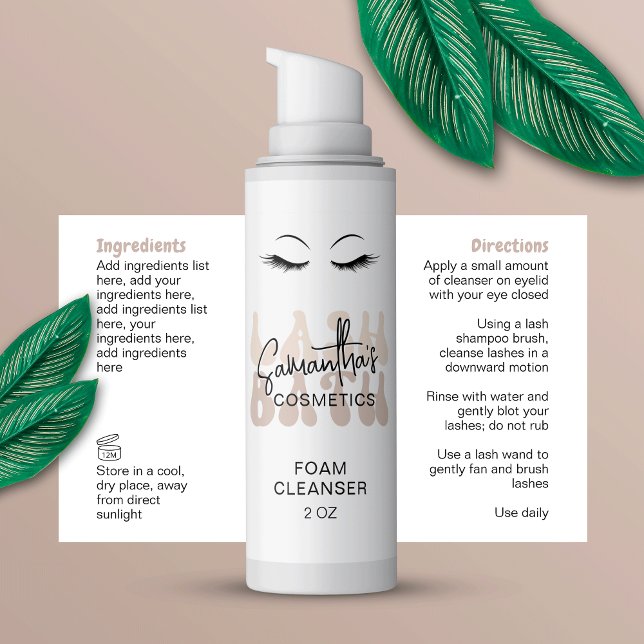 Adesivo Retangular Beige Retro Font Lash Bath Shampoo Envolve (Brand your eyelash bath bottles with this trendy beige & white foam bottle label design)