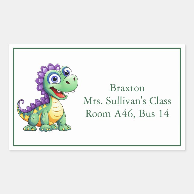 Adesivo Retangular Bela Cartoon Dinossaur Kid's Nametag (Frente)