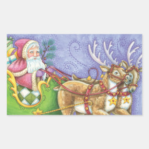 Adesivo Retangular Bela Cartoon Natal Papai Noel Sleigh Reindeer