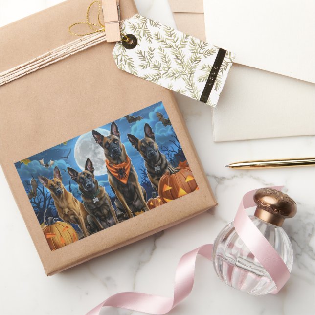 Adesivo Retangular Belga Malinoi Halloween Spooky (Presentear)