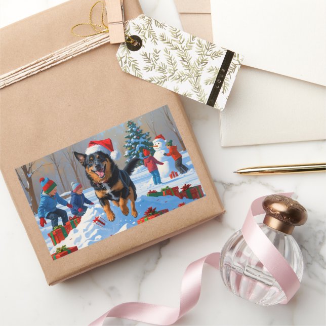 Adesivo Retangular Belga Malinoi Natal Cena de Neve Festiva (Presentear)