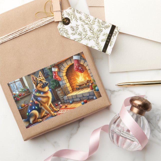 Adesivo Retangular Belgian Shepherd Fireplace with Christmas Lights (Presentear)