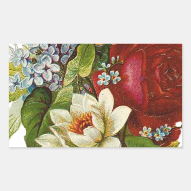 Adesivo Retangular Belo Buquê Romântico de Verão com Rosa vermelha (Frente)