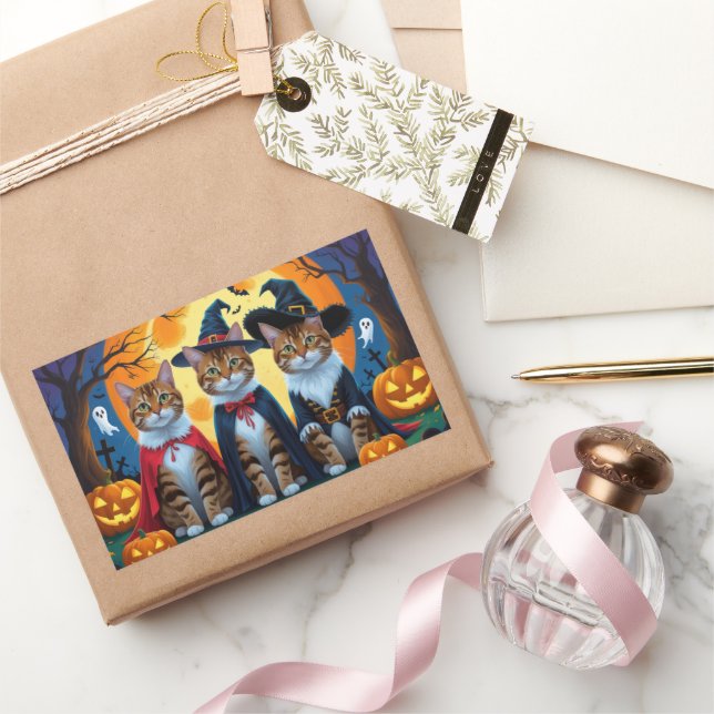 Adesivo Retangular Bengala Cats Pumpkin Halloween Engraçado (Presentear)