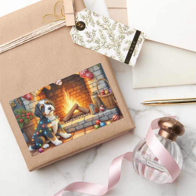 Adesivo Retangular Bernedoodle Lareira com Luzes de Natal (Presentear)
