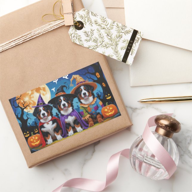 Adesivo Retangular Bernese Mountain Dogs Pumpkin Halloween Engraçado (Presentear)