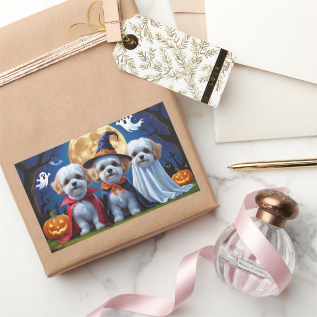 Adesivo Retangular Bichon Frise Cães Pumpkin Halloween Engraçado (Presentear)