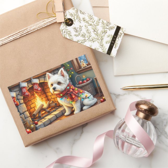 Adesivo Retangular Bichon Frise Fireplace with Christmas Lights (Presentear)