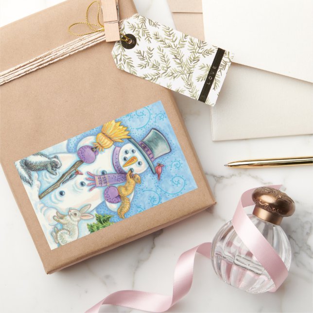 Adesivo Retangular Bichos Cachorros Construindo um Neve para o Natal (Presentear)