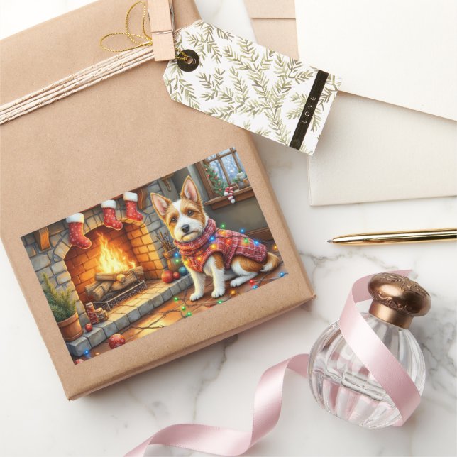 Adesivo Retangular Biewer Terrier Fireplace with Christmas Lights (Presentear)