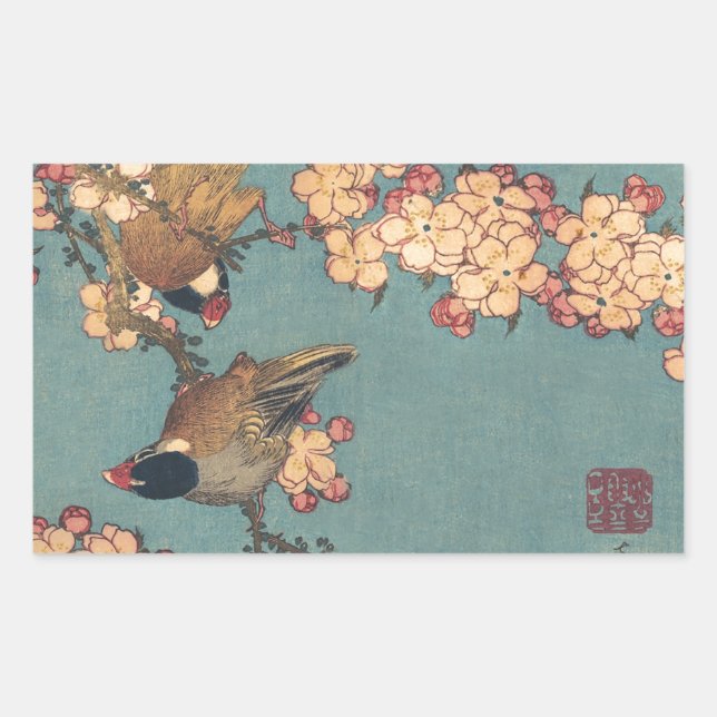 Adesivo Retangular Birds Flowers Hokusai Art Japonês (Frente)