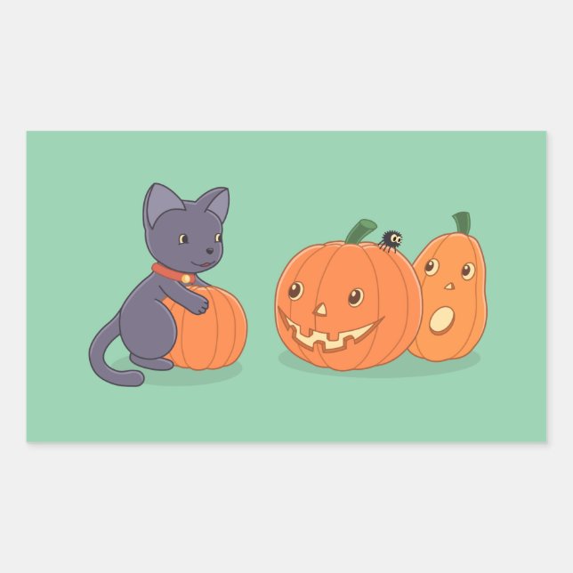 Adesivo Retangular Black Cat e Pumpkins do Halloween (Frente)