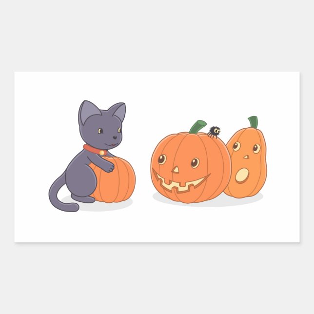 Adesivo Retangular Black Cat e Pumpkins do Halloween (Frente)
