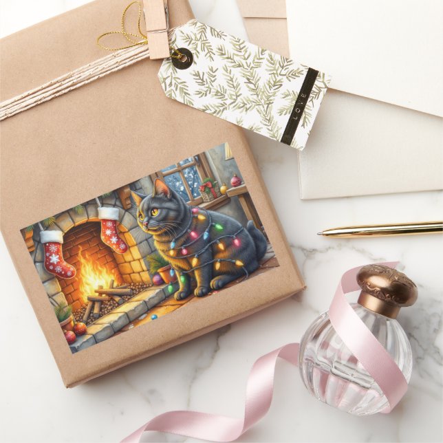 Adesivo Retangular Black Cat Sitting Fireplace with Christmas Lights (Presentear)