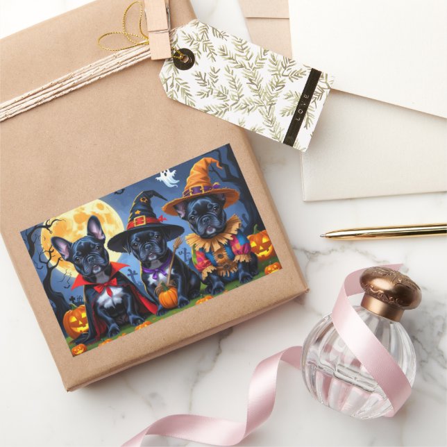 Adesivo Retangular Black French Buldog Pumpkin Halloween Engraçado (Presentear)