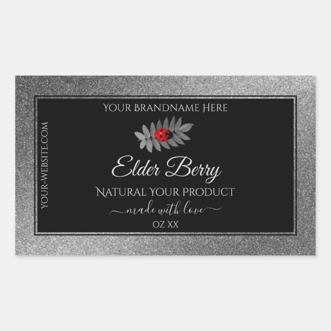 Adesivo Retangular Black Silver Glitter Product Labels Red Ladybug (Frente)