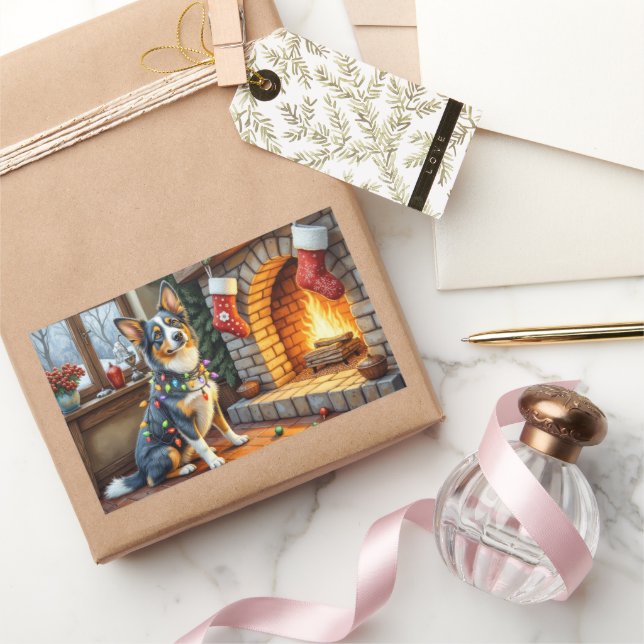 Adesivo Retangular Blue Heeler Fireplace with Christmas Lights (Presentear)